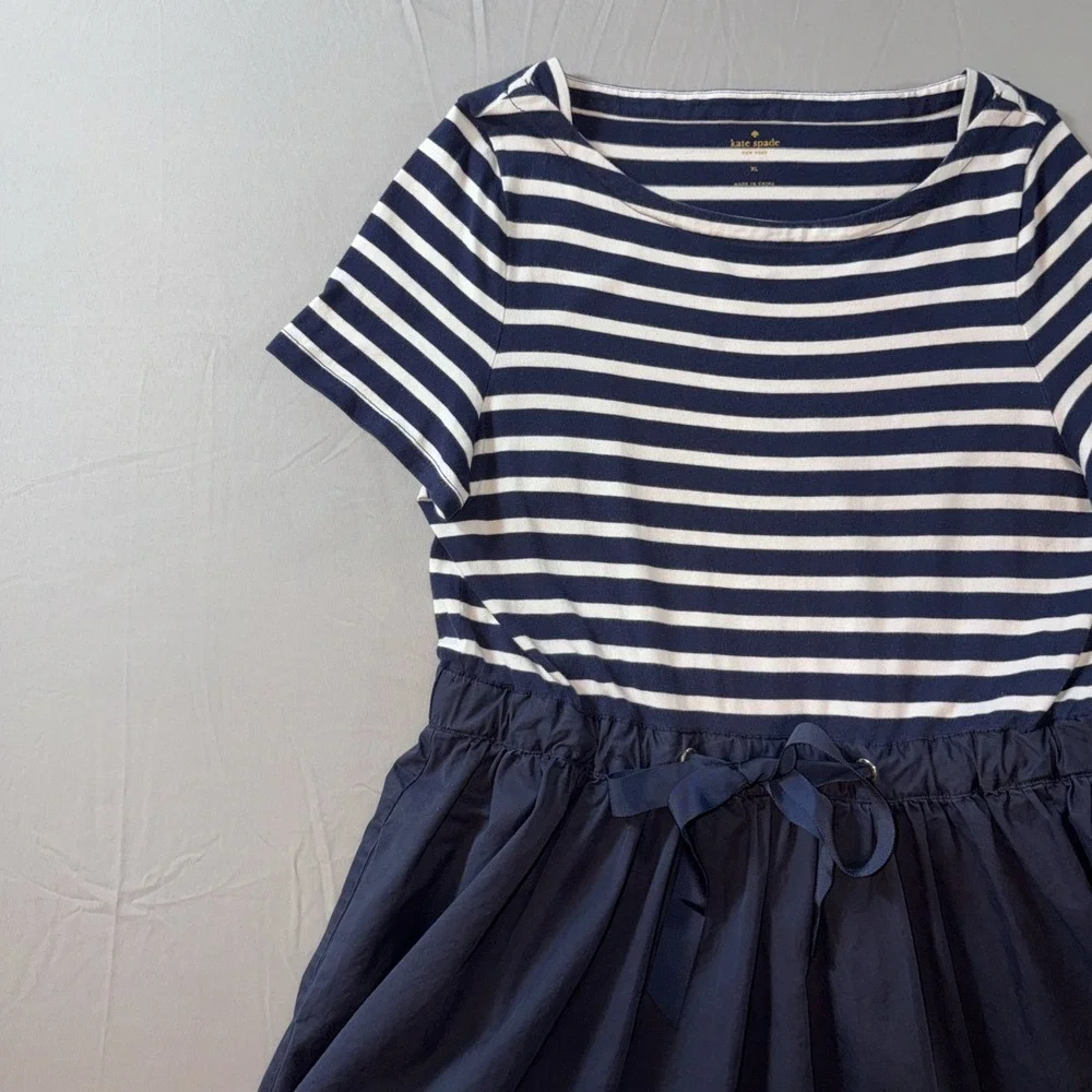 Kate Spade Broome Street Stripe Knit Mixed Media Dress Size XL Navy & White